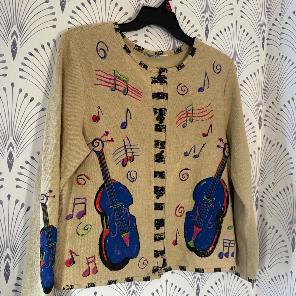 Vintage musical print sweater 80s PTP-22-23 L-24 women’s size M/L no tag - Picture 2 of 6